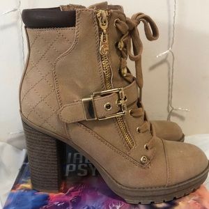 G by Guess tan block heel booties